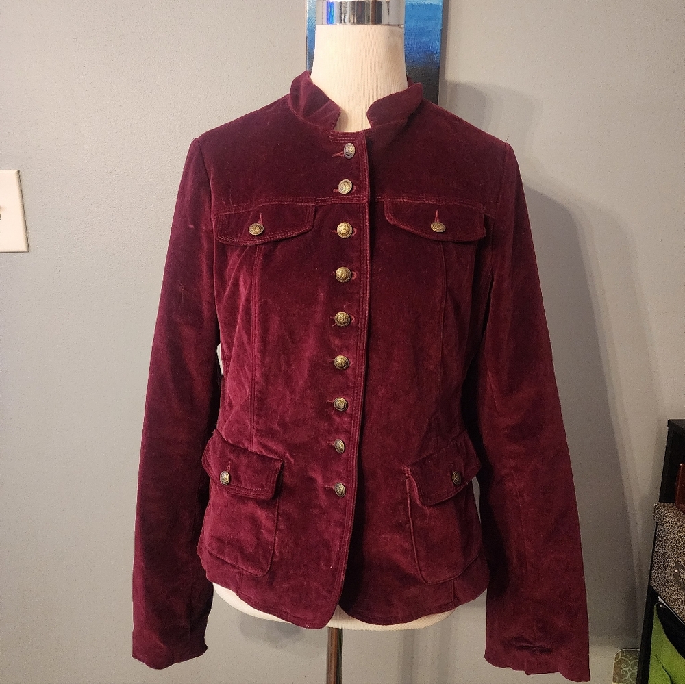 Gadzooks Burgundy Velvet Women's Blazer Military Jacket Size Large - Picture 2 of 11